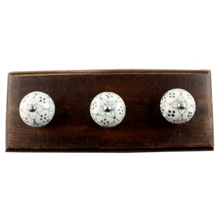 Grey Dotted Ceramic Floral Wooden Hook